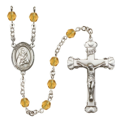 St. Victoria Rosary with Pewter Heart Crucifix and Centerpiece, Birthstone 6mm Fire Polished Topaz Beads for November, Bliss Manufacturing