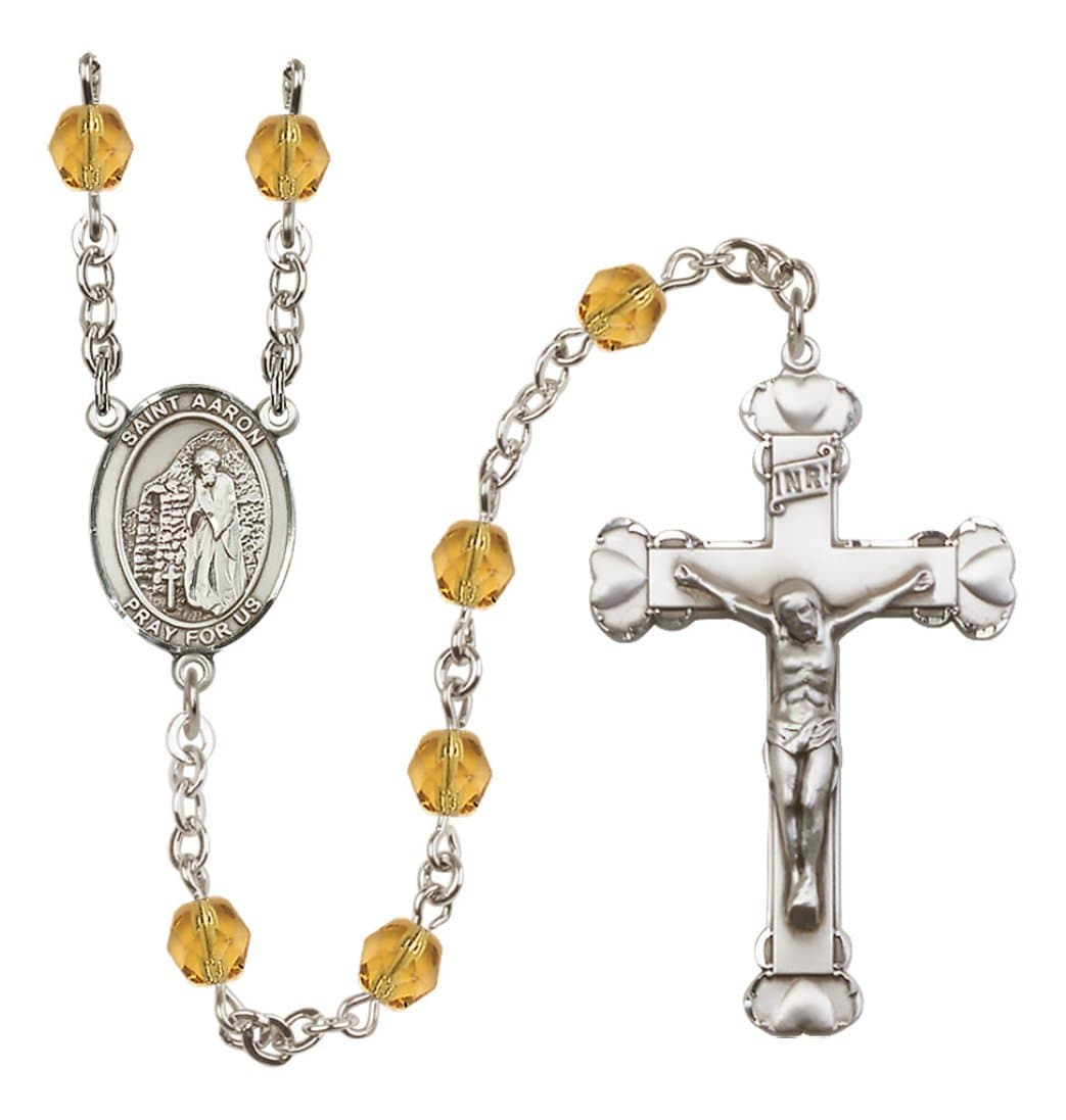 Bliss Silver-Plated Topaz Crystal Saint Aaron Birthstone Heart Rosary,