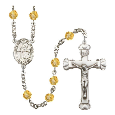 St. Isidore the Farmer Rosary with Pewter Heart Crucifix and Centerpiece, Birthstone 6mm Fire Polished Topaz Beads for November, Bliss Manufacturing