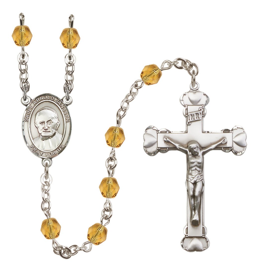 Bliss Silver-Plated Topaz Crystal Saint Arnold Janssen Birthstone Heart Rosary,