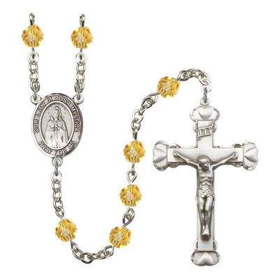 Our Lady of Rosa Mystica Rosary with Pewter Heart Crucifix and Centerpiece, Birthstone 6mm Fire Polished Topaz Beads for November