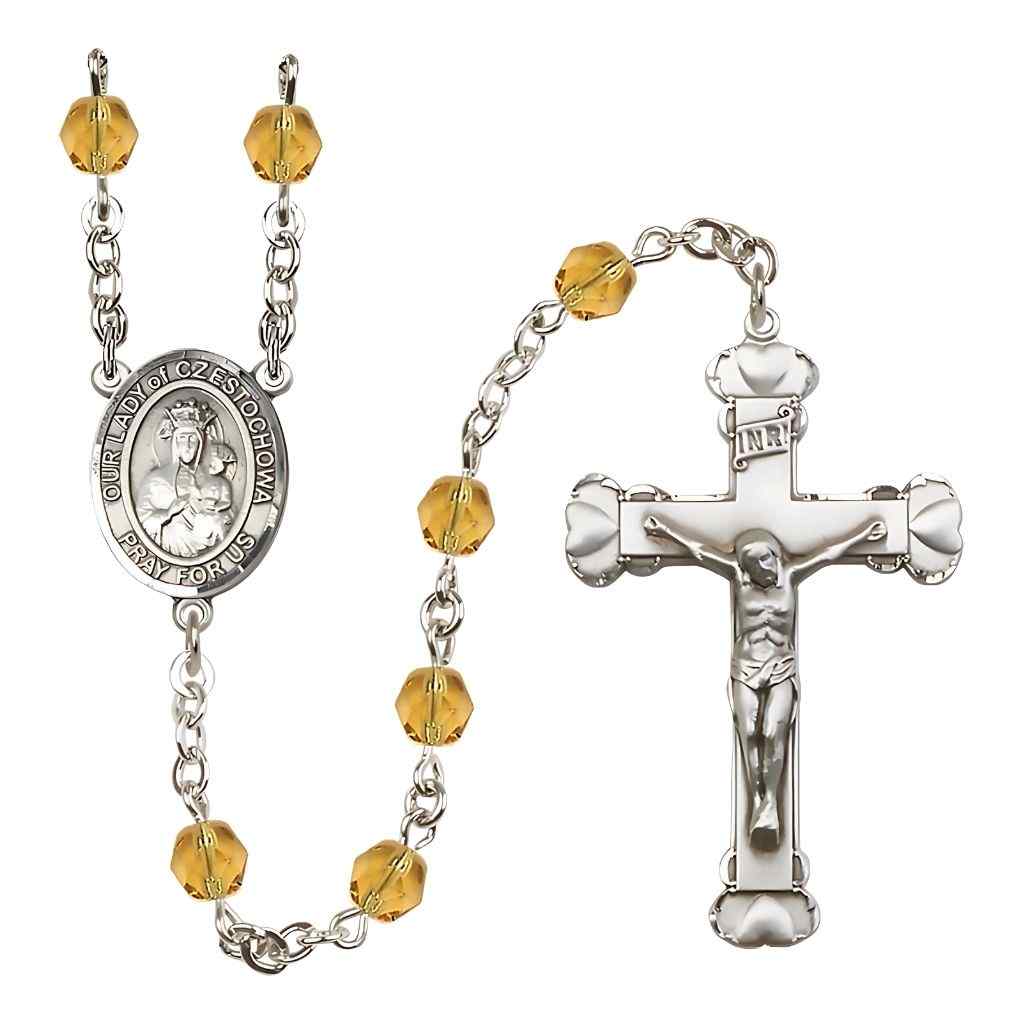 Our Lady of Czestochowa Rosary with Pewter Heart Tip Crucifix and Centerpiece, Birthstone 6mm Fire Polished Topaz Beads for November