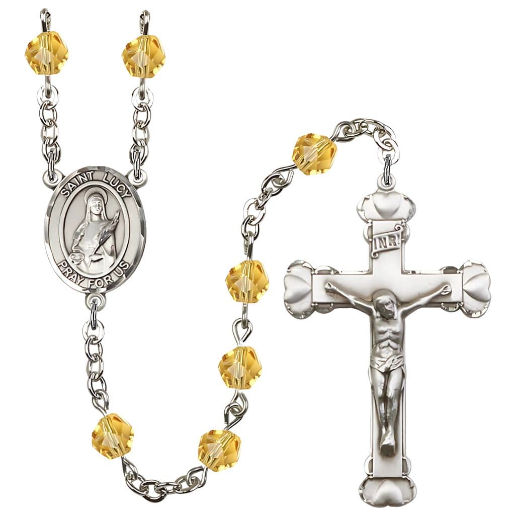 St. Lucy Silver-Plated Topaz Crystal Birthstone Heart Rosary,