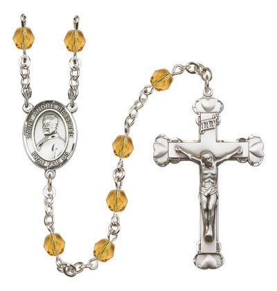 St. Andre Bessette Rosary with Pewter Heart Crucifix and Centerpiece, Birthstone 6mm Fire Polished Topaz Beads for November, Bliss Manufacturing