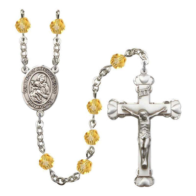 Our Lady of the Precious Blood Rosary with Pewter Heart Crucifix and Centerpiece, Birthstone 6mm Fire Polished Topaz Beads for November