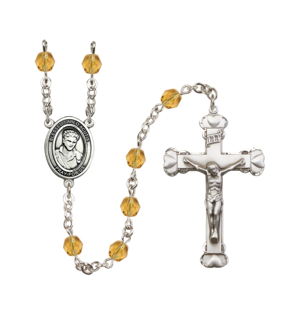 Bliss Silver-Plated Topaz/Nov Crystal Blessed Carlo Acutis Birthstone Heart Rosary,