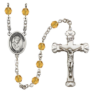 St. Carlo Acutis Birthstone Topaz Heart Fire Polished Rosary, Bliss Manufacturing
