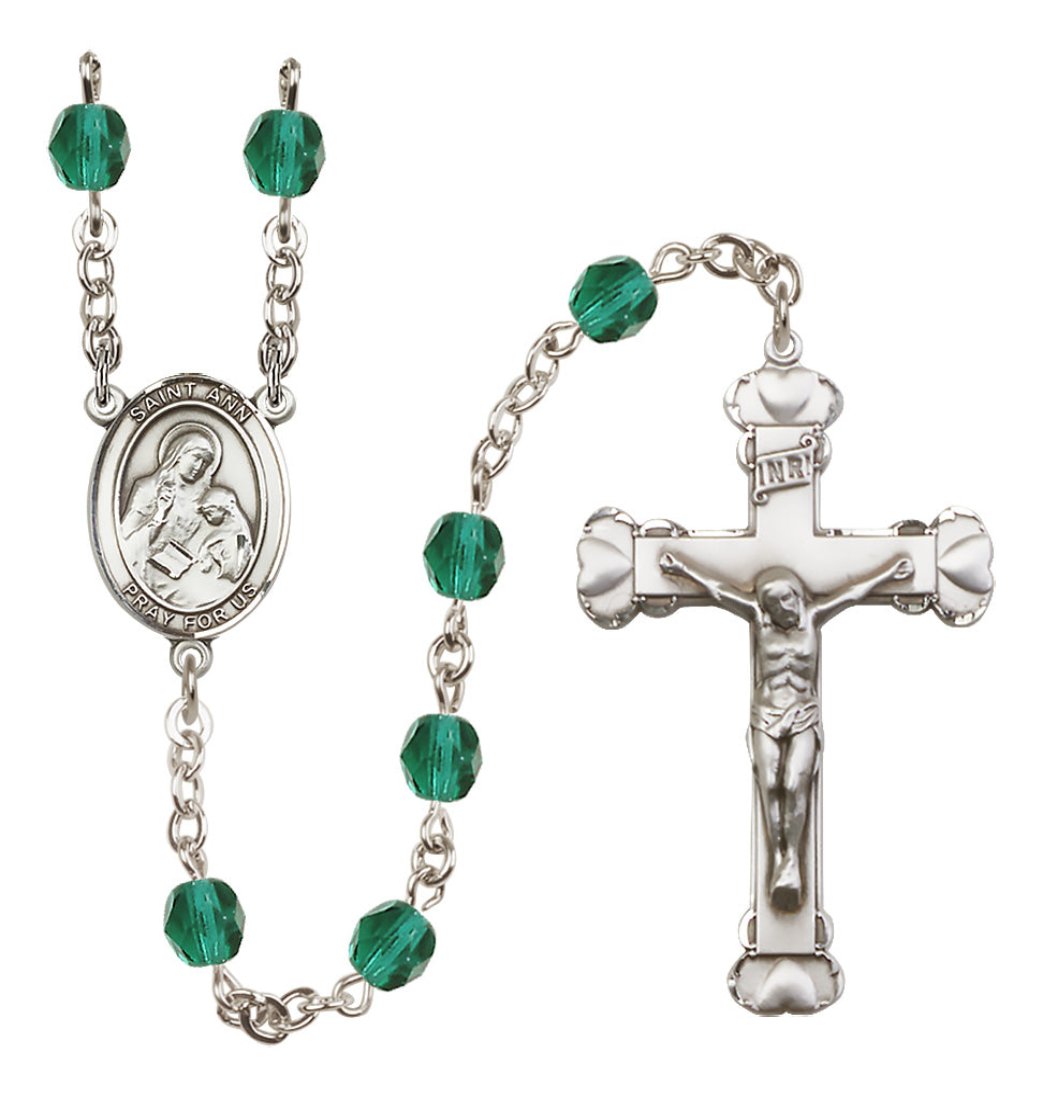 Bliss Manufacturing Silver Plated 6mm Fire Polished Saint Ann Rosary in Zircon,