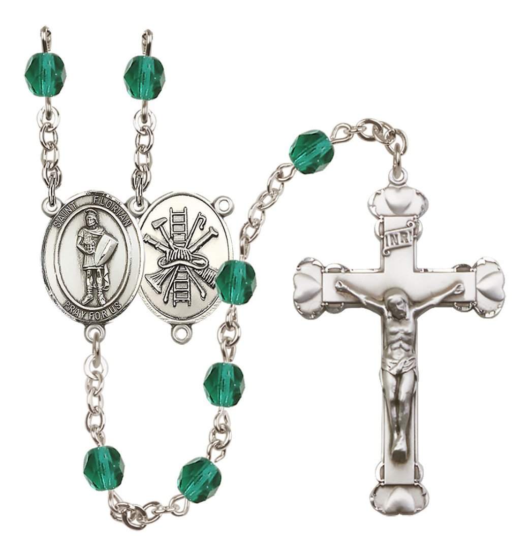 Bliss St Florian Firefighter Birthstone Crystal Silver-plated Heart Tip Rosary in Zircon December Birthstone,