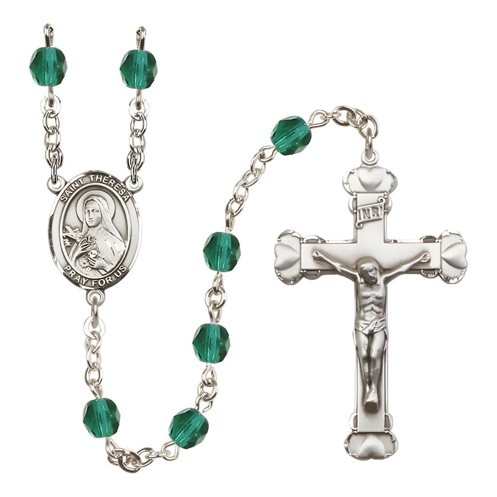 Bliss Birthstone 6mm Zircon Fire Polished Silver-plated Engravable Rosary with Pewter St. Theresa Center and Heart Edge Crucifix