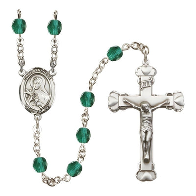 Birthstone 6mm Zircon Fire Polished Silver-plated Engravable Rosary with Pewter St. Theresa Center and Heart Edge Crucifix, Bliss Manufacturing