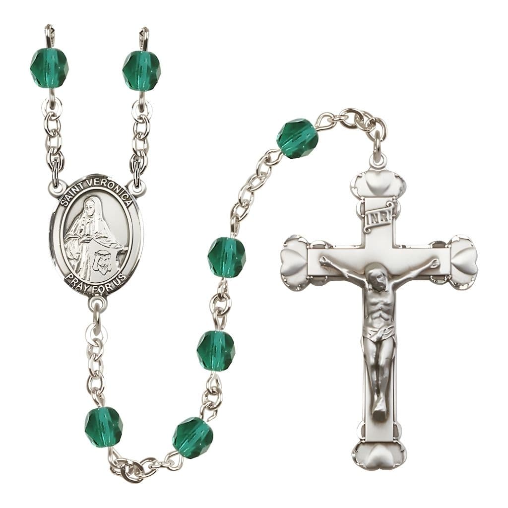 Bliss St. Veronica Rosary with Pewter Heart Crucifix and Centerpiece, Birthstone 6mm Fire Polished Zircon Beads for December
