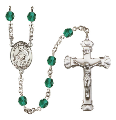 Silver-Plated Crystal St Agnes of Rome Birthstone Heart Rosary in Zircon, Bliss Manufacturing