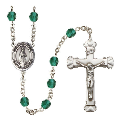 Spanish Virgen de Fatimas Rosary with Pewter Heart Crucifix and Centerpiece, Birthstone 6mm Fire Polished Zircon Beads for December, Bliss Manufacturing