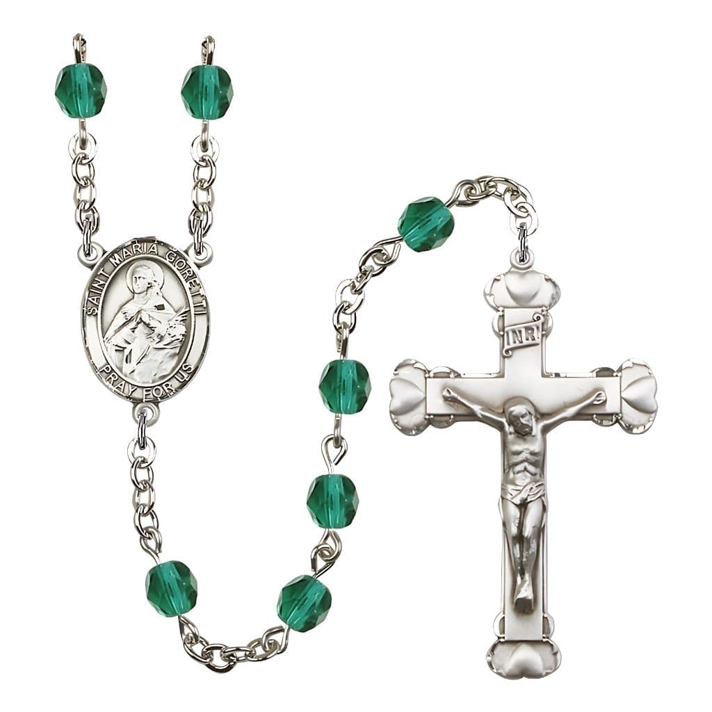 Bliss St. Maria Goretti Engraved Birthstone Fire Polished Rosary in Zircon,