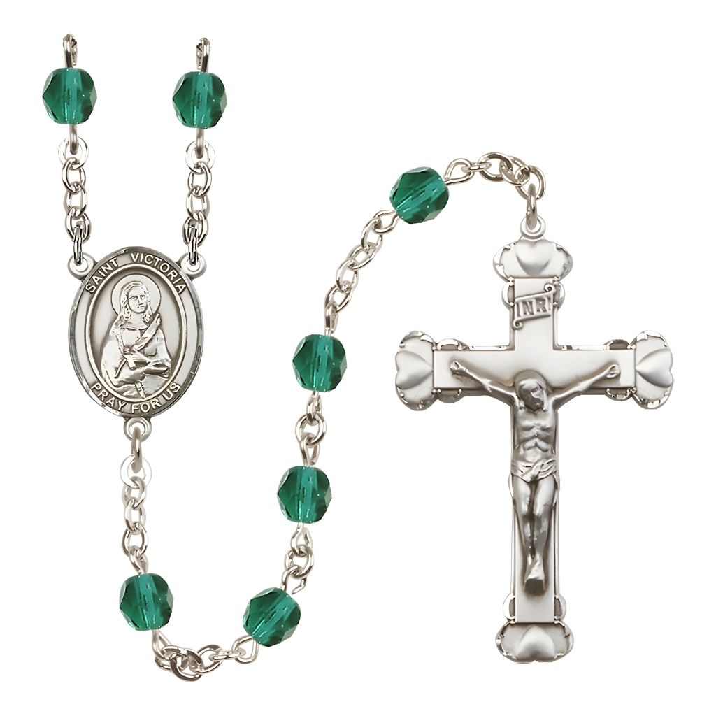 Bliss St. Victoria Rosary with Pewter Heart Crucifix and Centerpiece, Birthstone 6mm Fire Polished Zircon Beads for December