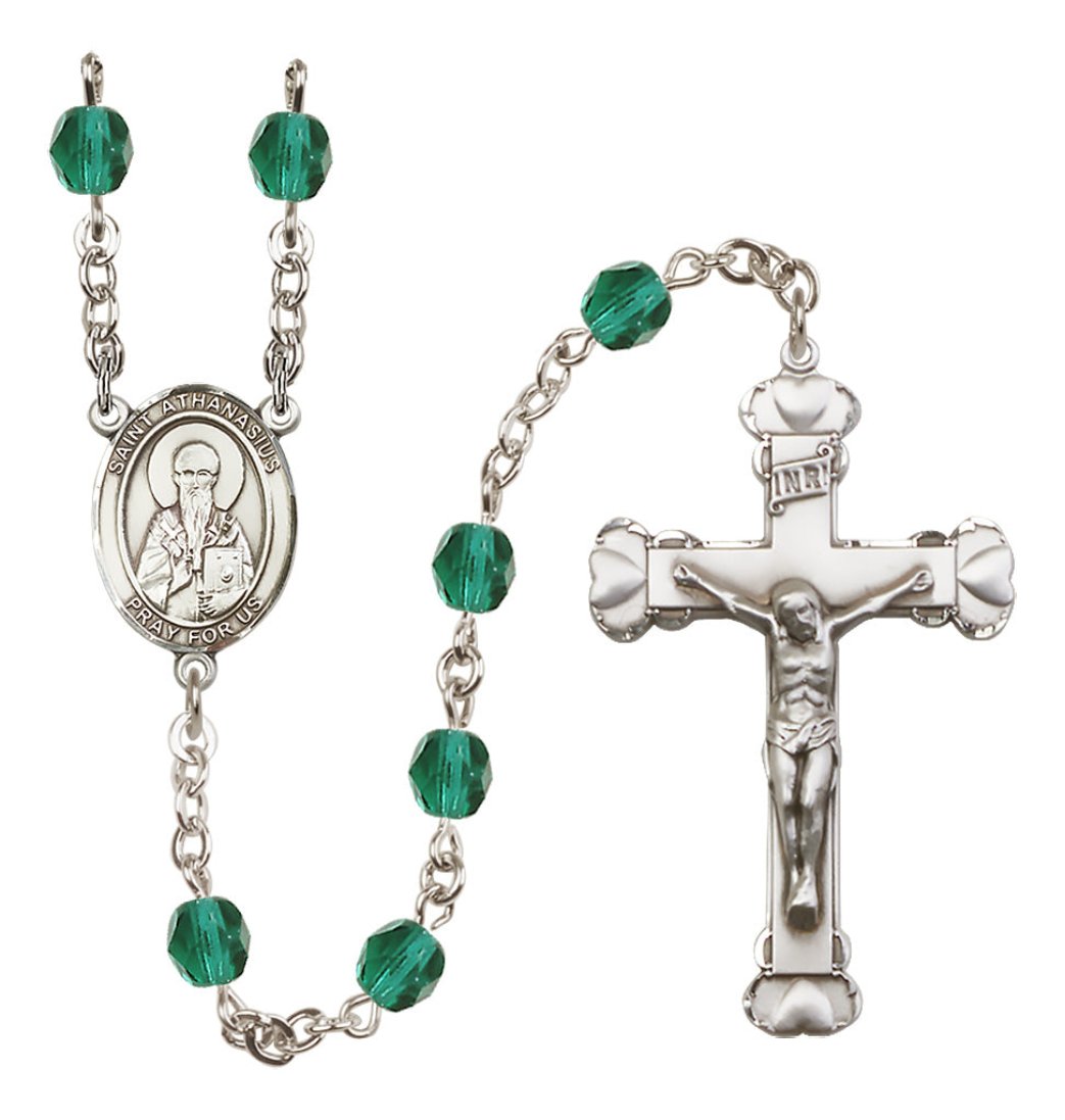 Bliss Silver-Plated Zircon Crystal Saint Athanasius Birthstone Heart Rosary,