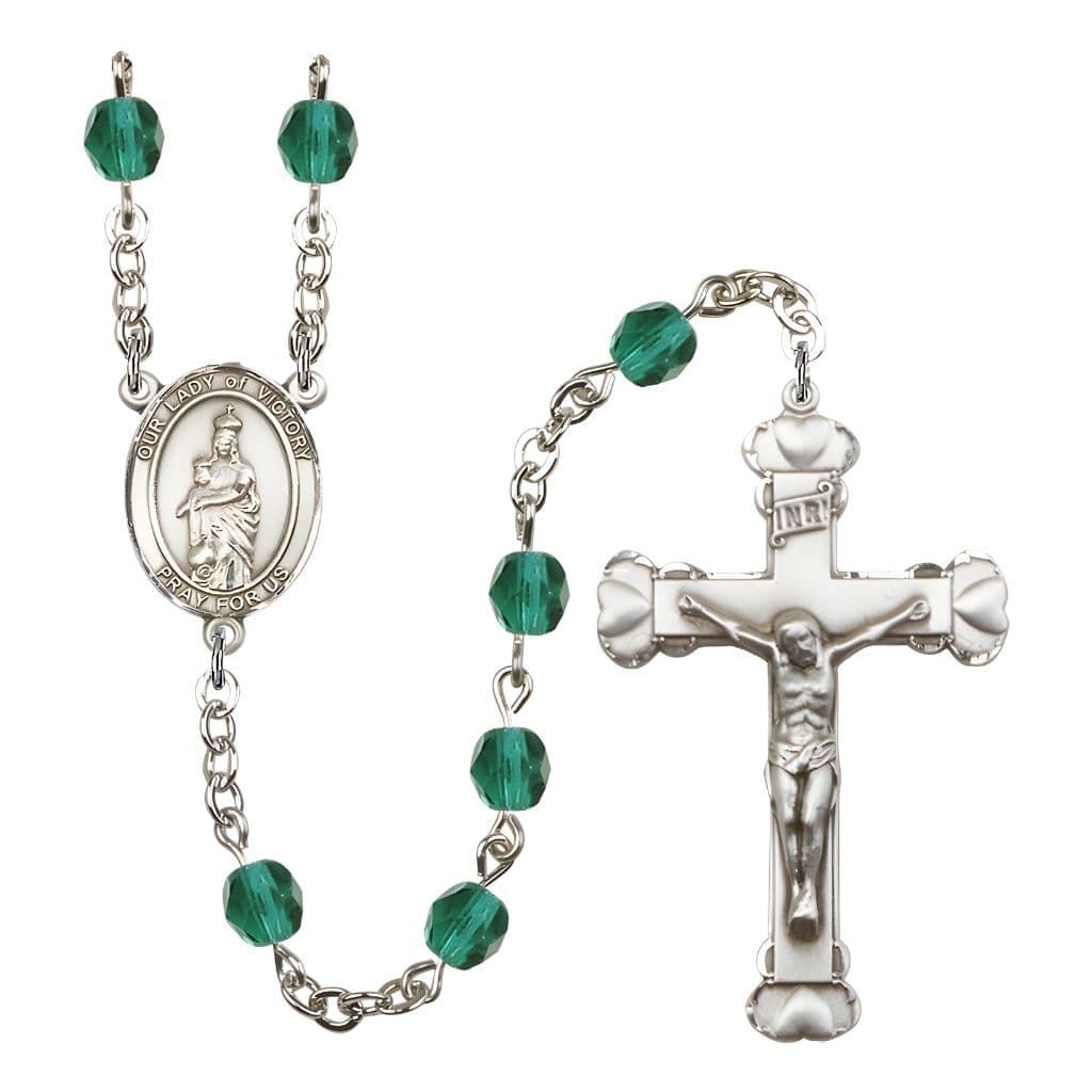 Bliss Our Lady of Victory December Birthstone Zircon 6mm Fire Polished Silver-plated Engravable Heart Tip Rosary with Pewter Centerpiece and Crucifix