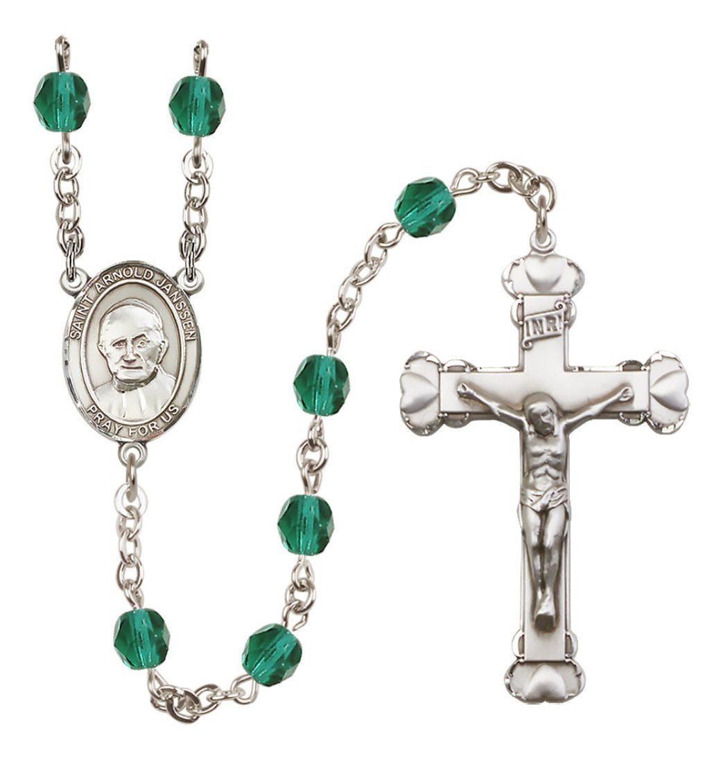 Bliss Silver-Plated Zircon Crystal Saint Arnold Janssen Birthstone Heart Rosary,