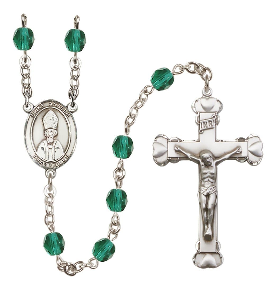 Bliss Silver-Plated Zircon Crystal Saint Anselm of Canterbury Birthstone Heart Rosary,