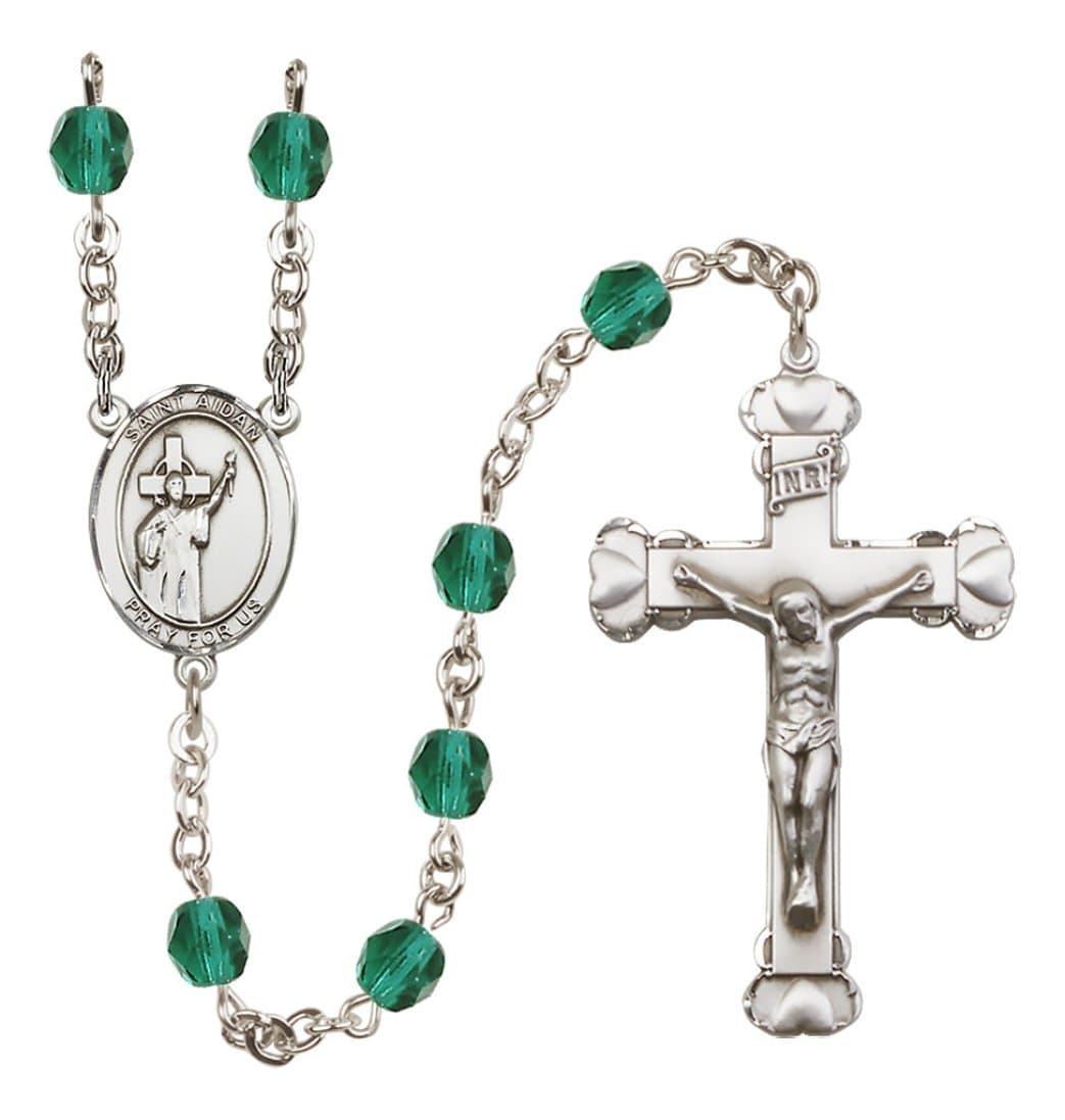 Bliss Silver-Plated Zircon Crystal St Aidan of Lindesfarne Birthstone Heart Rosary,