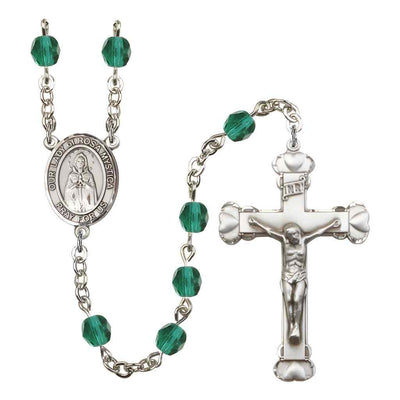 Our Lady of Rosa Mystica Rosary with Pewter Heart Crucifix and Centerpiece, Birthstone 6mm Fire Polished Zircon Beads for December