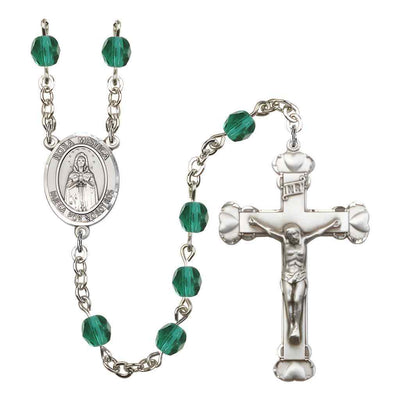 Spanish Rosa Mystica Rosary with Pewter Heart Crucifix and Centerpiece, Birthstone 6mm Fire Polished Zircon Beads for December