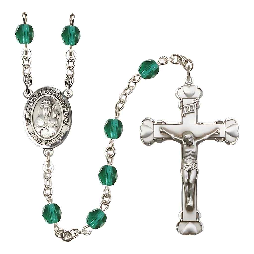 Our Lady of Czestochowa Rosary with Pewter Heart Tip Crucifix and Centerpiece, Birthstone 6mm Fire Polished Zircon Beads for December