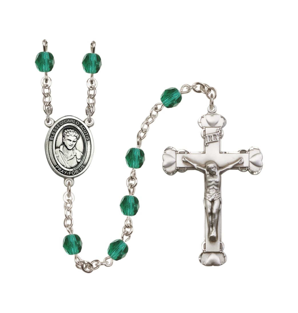 Bliss Silver-Plated Zircon/Dec Crystal Blessed Carlo Acutis Birthstone Heart Rosary,