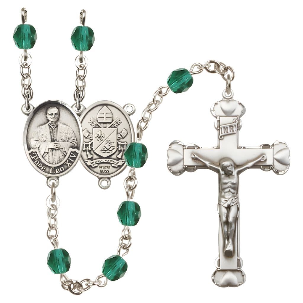 Bliss Pope Leo XIV Birthstone Engravable Rosary with Pewter Center and Heart  Edge Crucifix, 6mm Fire Polished Beads in Zircon for December