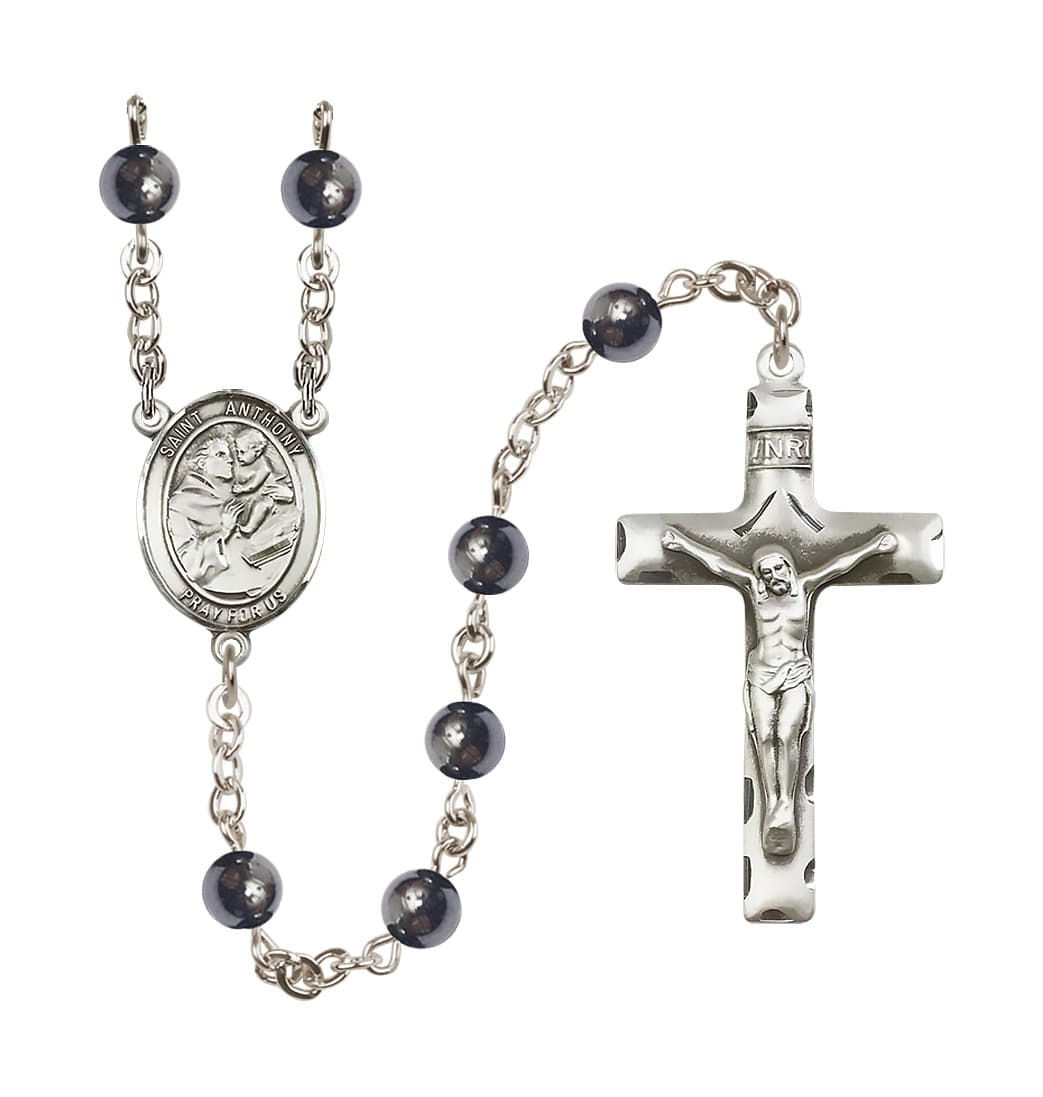 Bliss St Anthony of Padua 6mm Hematite Silver-plated Rosary,