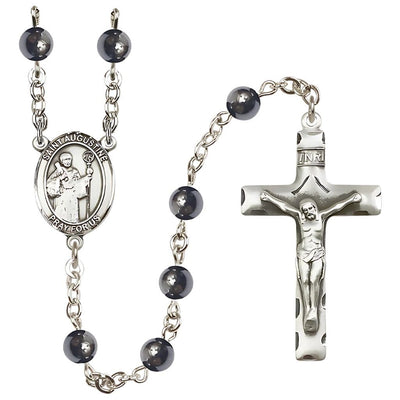 St Augustine 6mm Hematite Catholic Rosary with pewter centerpiece and crucifix, handmade in the USA, Bliss Manufacturing