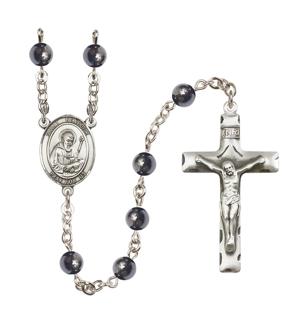 Bliss St Benedict 6mm Hematite Silver-plated Rosary,