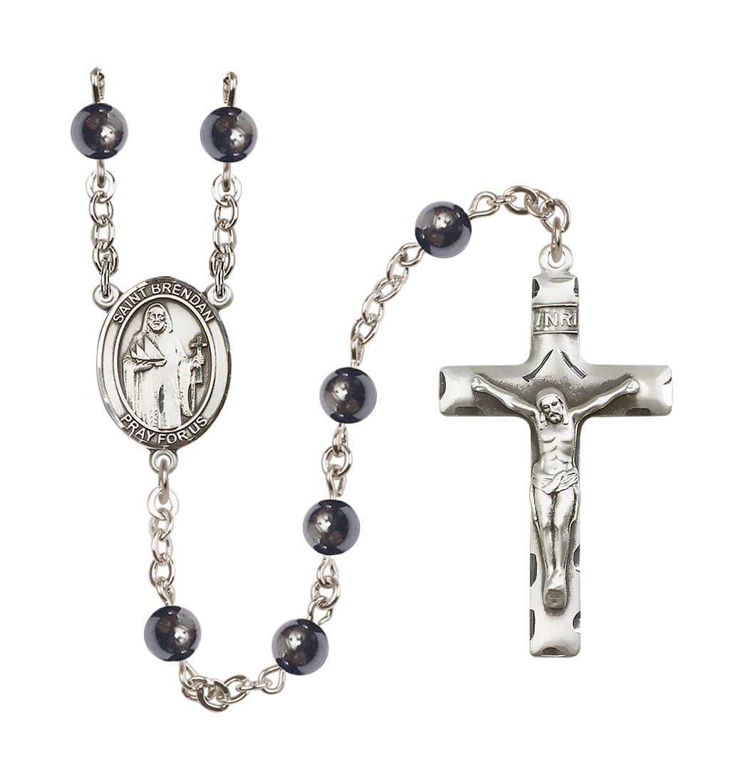 Bliss St Brendan the Navigator 6mm Hematite Silver-plated Rosary,