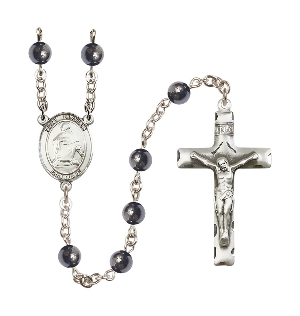 Bliss St Charles Borromeo 6mm Hematite Silver-plated Rosary