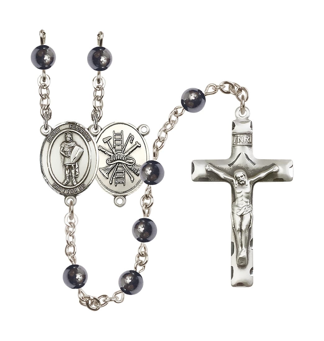 Bliss St Florian Firefighter 6mm Hematite Bead Silver-Plated Rosary,