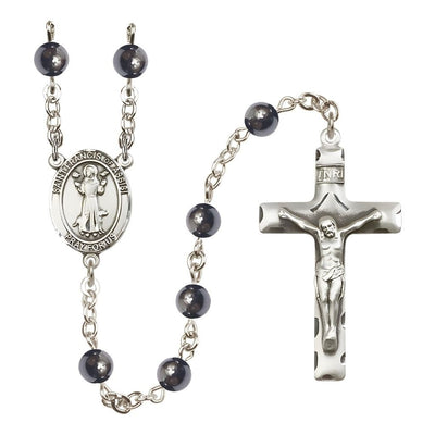 St. Francis of Assisi 6mm Hematite Bead Silver-plated Rosary with Pewter Centerpiece and Crucifix, USA Made, Bliss Manufacturing