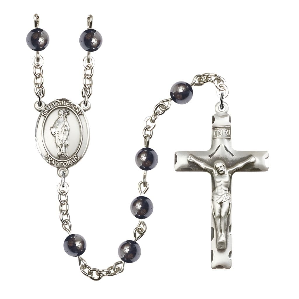 Bliss St. Gregory the Great 6mm Hematite Bead Catholic Rosary with Pewter Centerpiece and Crucifix