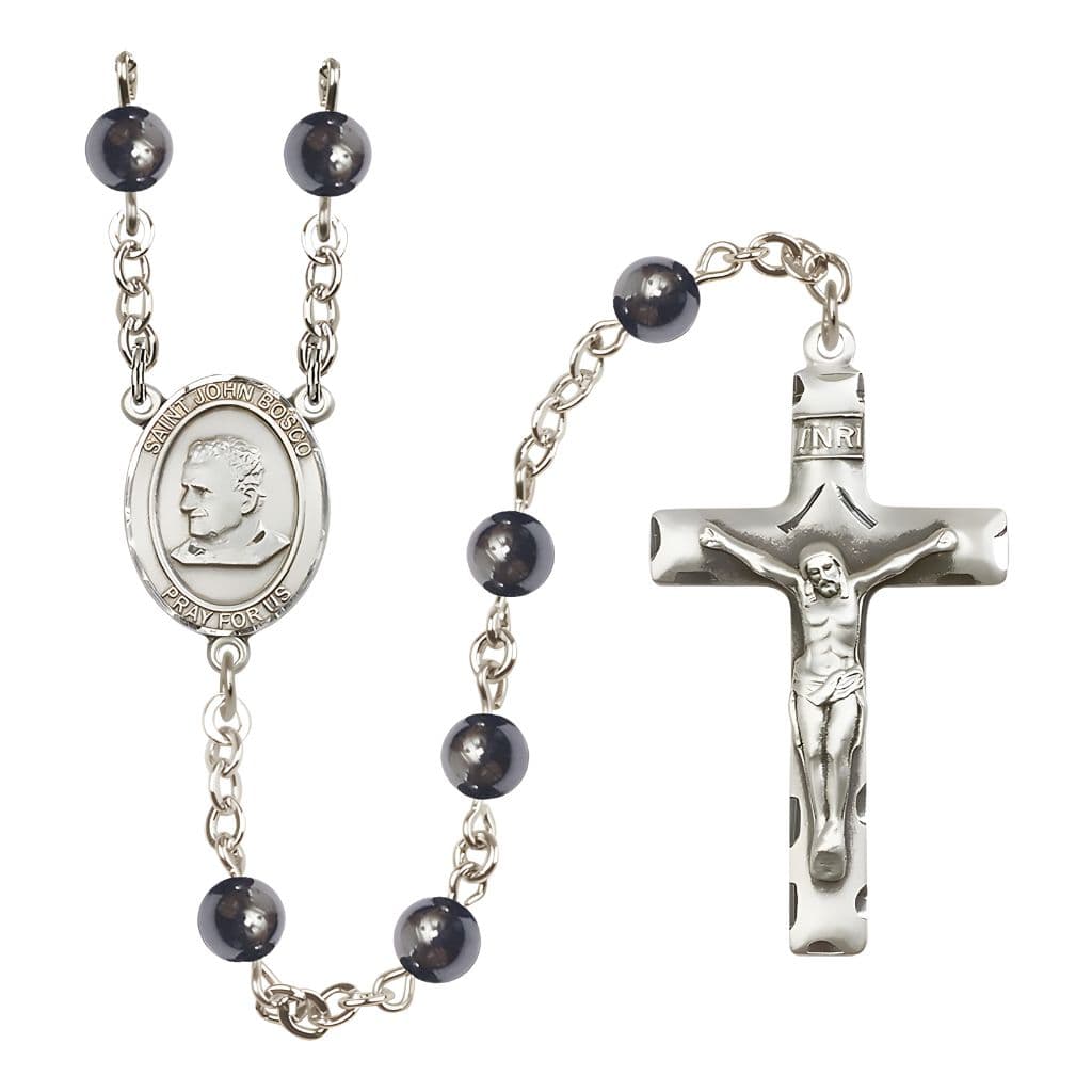 Bliss St. John Bosco 6mm Hematite Bead Catholic Rosary with Pewter Centerpiece and Crucifix