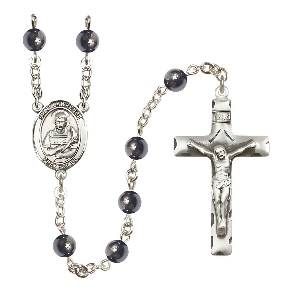 Bliss St. Lawrence 6mm Hematite Bead Silver-plated Rosary with Pewter Crucifix and Centerpiece