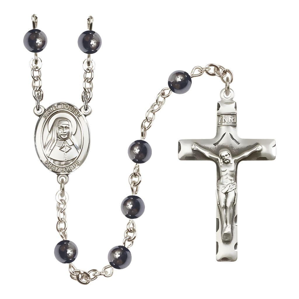 Bliss St. Louise de Marillac 6mm Hematite Bead Catholic Rosary with Pewter Centerpiece and Crucifix