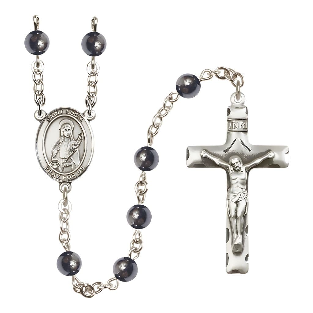 Bliss St. Lucia of Syracuse 6mm Hematite Bead Catholic Rosary with Pewter Centerpiece and Crucifix
