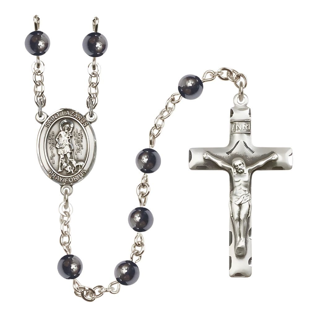Bliss St. Lazarus 6mm Hematite Catholic Rosary with Pewter Centerpiece and Crucifix