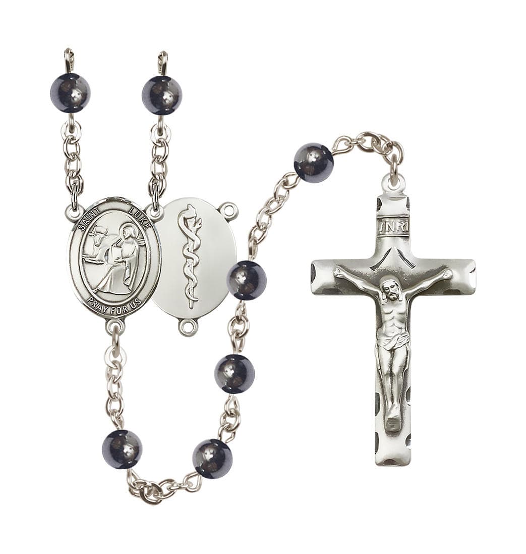 Bliss Manufacturing Doctor St Luke 6mm Hematite Bead Silver-Plated Rosary,