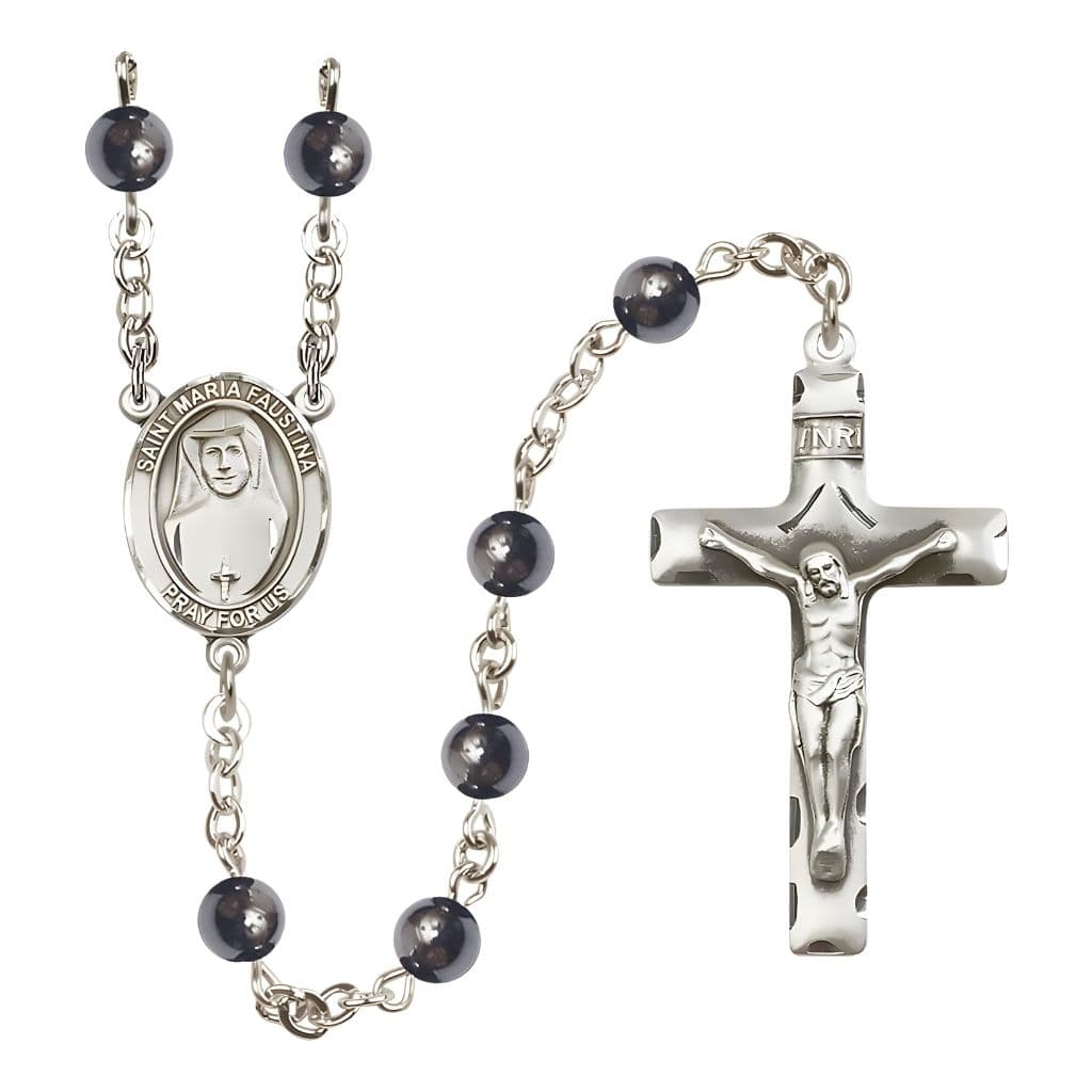 Bliss St. Maria Faustina 6mm Hematite Bead Silver-plated Rosary with Pewter Centerpiece and Crucifix,
