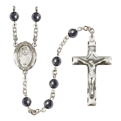 St. Maria Faustina 6mm Hematite Bead Silver-plated Rosary with Pewter Centerpiece and Crucifix, Bliss Manufacturing