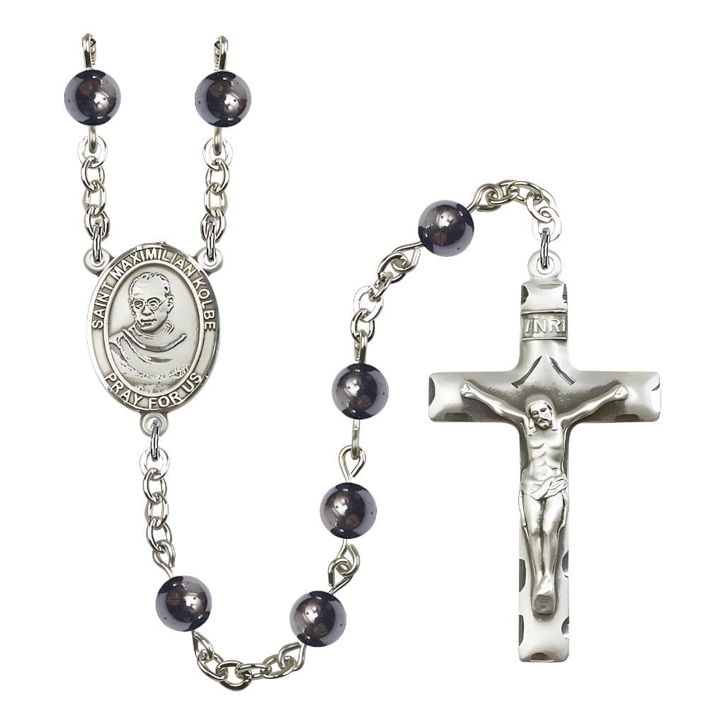 St. Maximilian Kolbe 6mm Hematite Bead Rosary with Pewter Center and Crucifix made by Bliss,