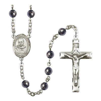 St. Maximilian Kolbe 6mm Hematite Bead Rosary with Pewter Center and Crucifix made, Bliss Manufacturing