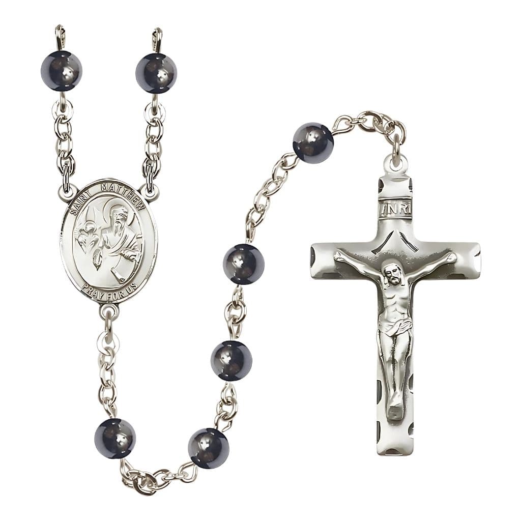 Bliss St. Matthew the Apostle 6mm Hematite Bead Silver-plated Rosary with Pewter Center and Crucifix