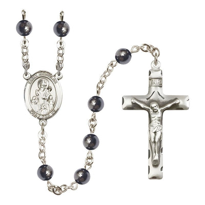 Catholic St. Nicholas 6mm Hematite Bead Silver-Plated Rosary with Pewter Centerpiece and Crucifix, Bliss Manufacturing